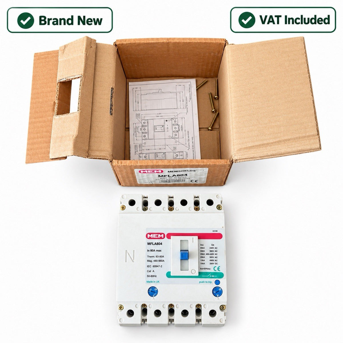 MEM Memshield 2 MFLA804 80A 4 Pole MCCB Adjustable Trip Brand New VAT Included