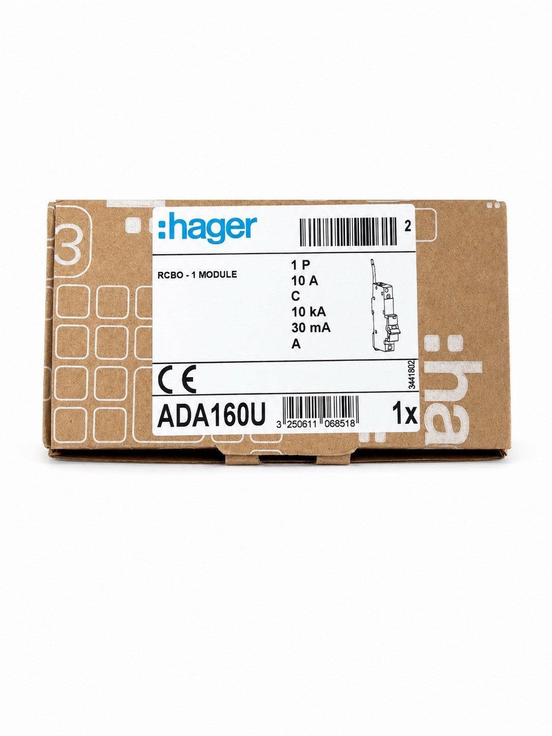 Hager ADA160U 10A Type A RCBO C Curve 30mA 10kA 1 Module Single Pole New
