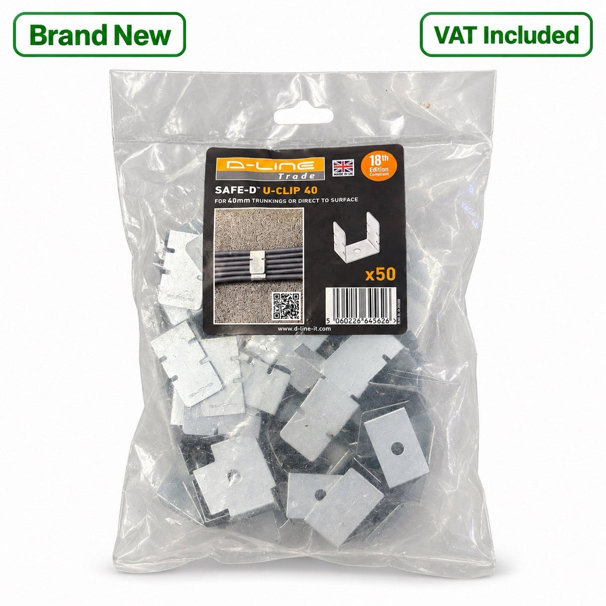D-Line Safe-D U-Clip 40 Metal Cable Clips 40mm Trunking Pack of 50 New
