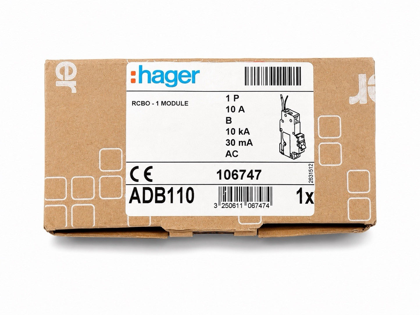 HAGER 10 AMP CURVE B 10kA 30mA RCBO TYPE AC 106747 ADB110