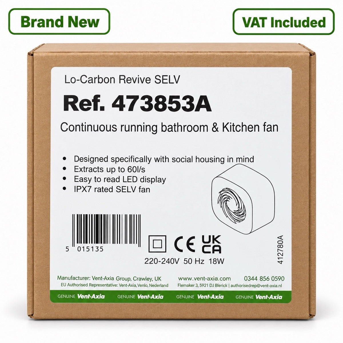 Vent-Axia Lo-Carbon Revive SELV 473853A Bathroom Kitchen Extractor Fan Brand New