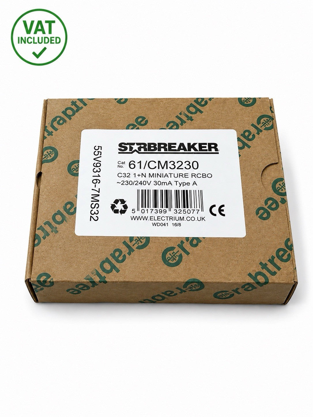 Crabtree Starbreaker 61/CM3230 C32 32A 30mA Type A Miniature RCBO 1+N