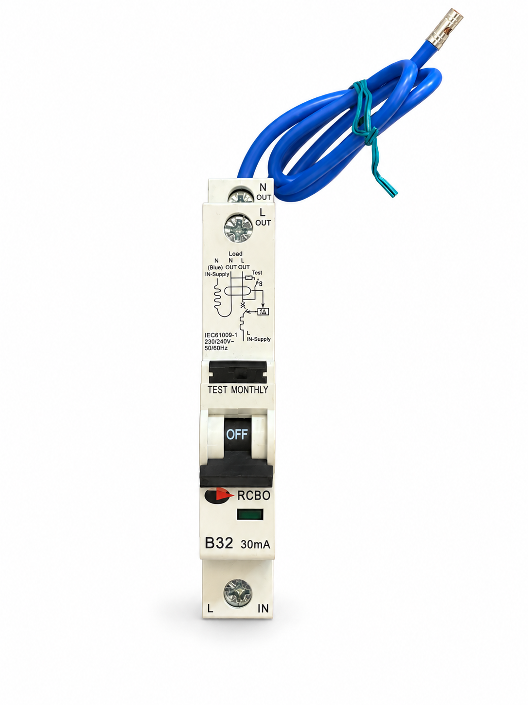 Lewden Control Gear B32 32A 30mA RCBO B Curve Circuit Breaker Blue Neutral Lead