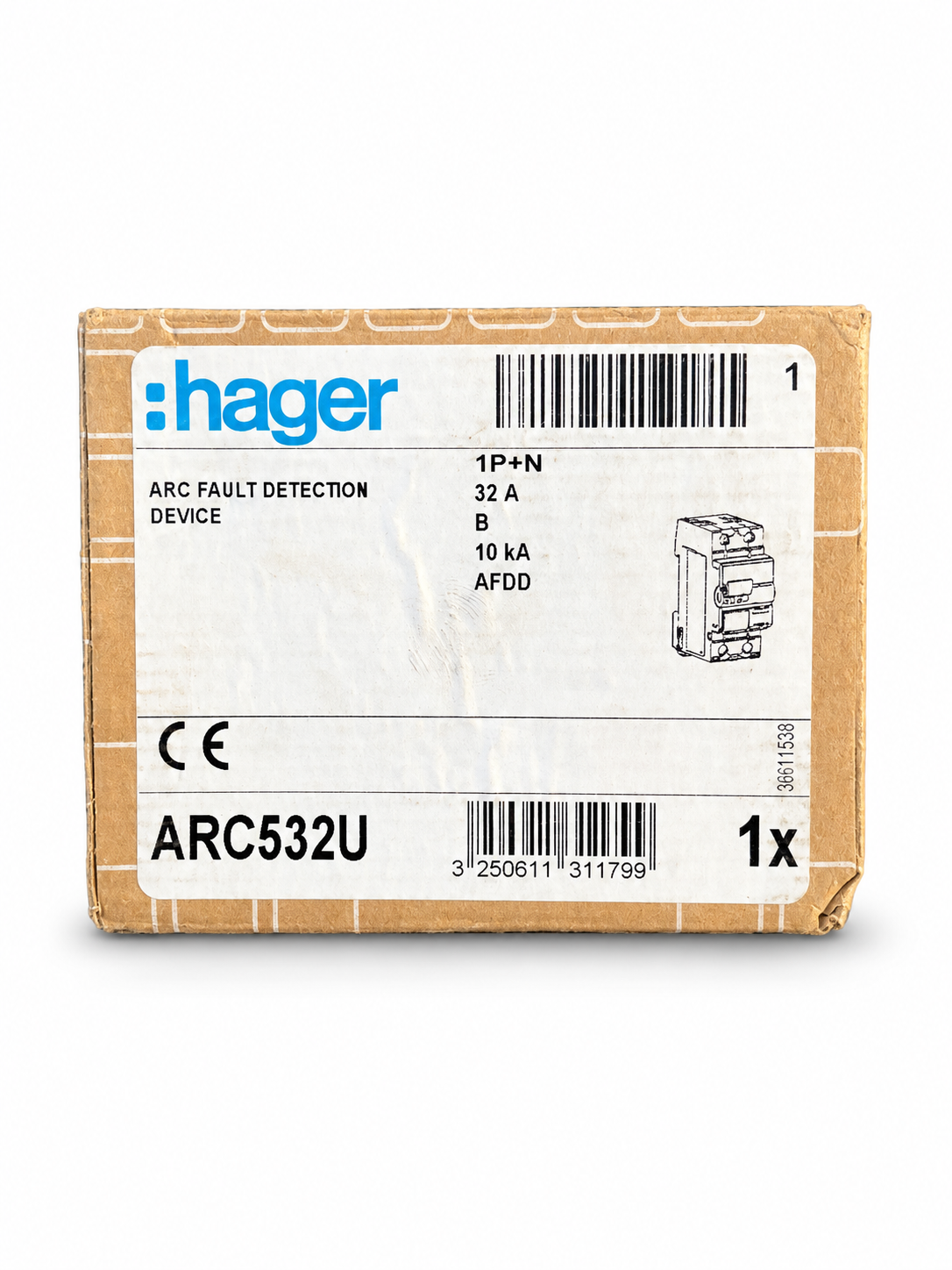 Hager ARC532U AFDD MCB 32A B Curve 10kA 1P+N Arc Fault Detection New Boxed