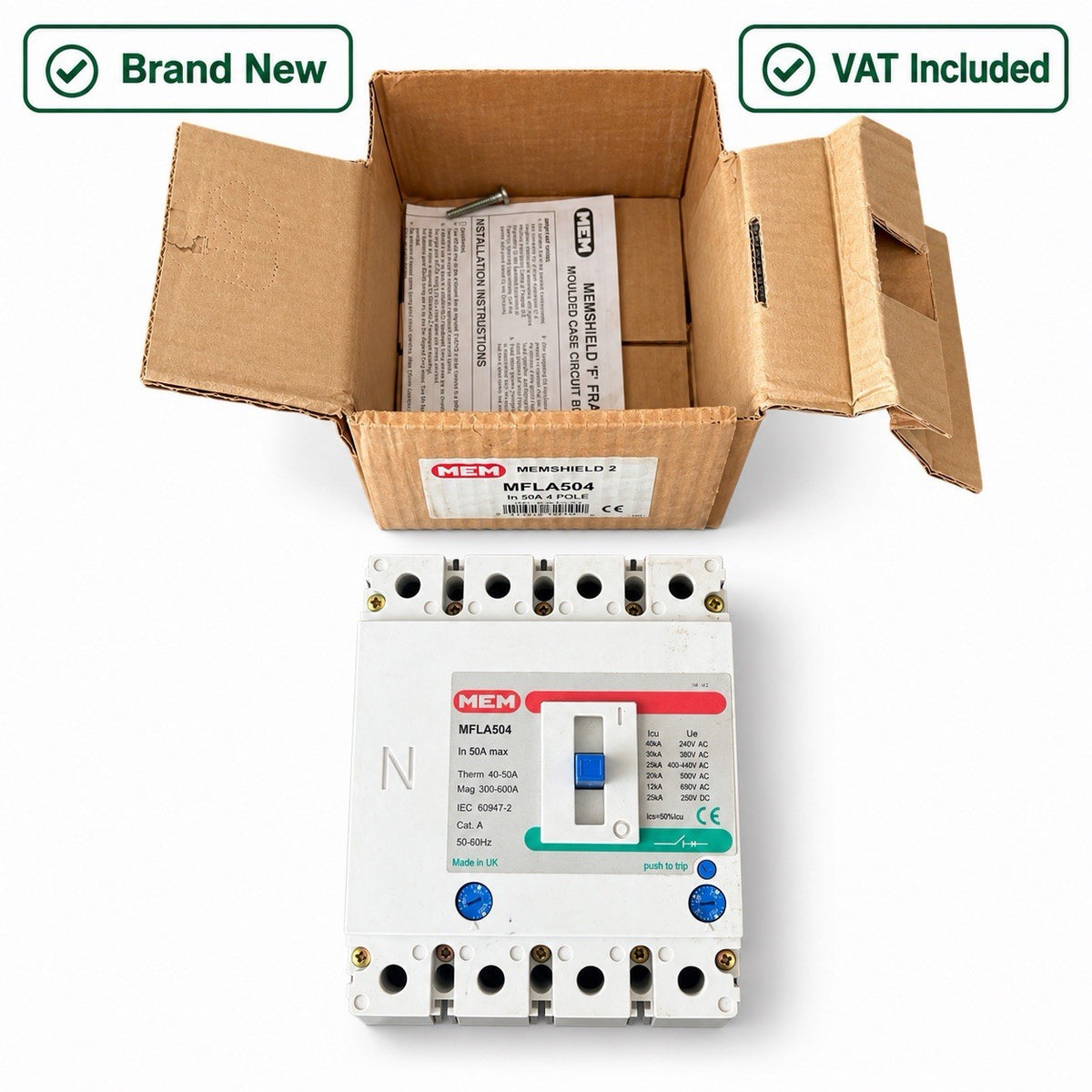 MEM Memshield 2 MFLA504 50A 4 Pole MCCB Adjustable Trip Brand New VAT Included