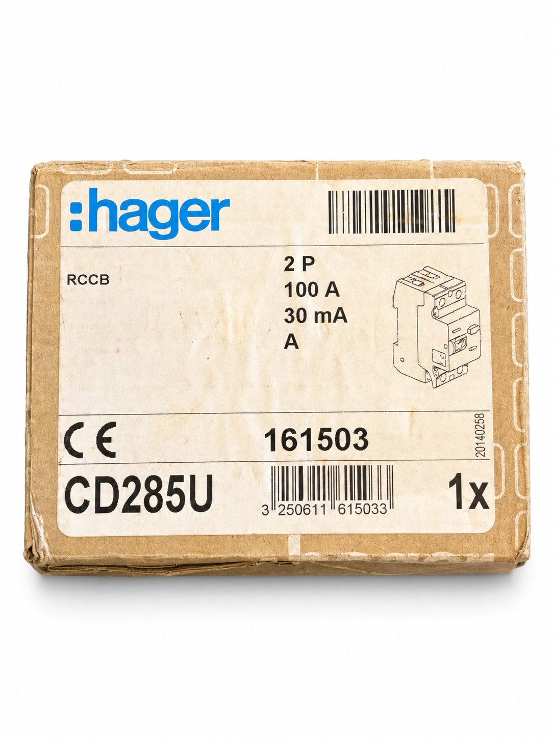 Hager CD285U 100A 30mA Type A 2 Pole RCCB RCD Boxed