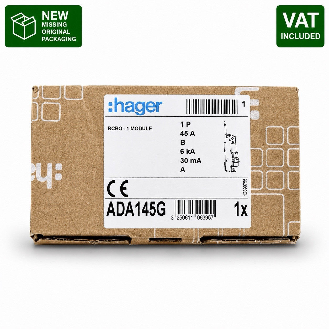 Hager ADA145G 45A B Curve 30mA Type A 6kA RCBO 1 Module Brand New VAT Inc