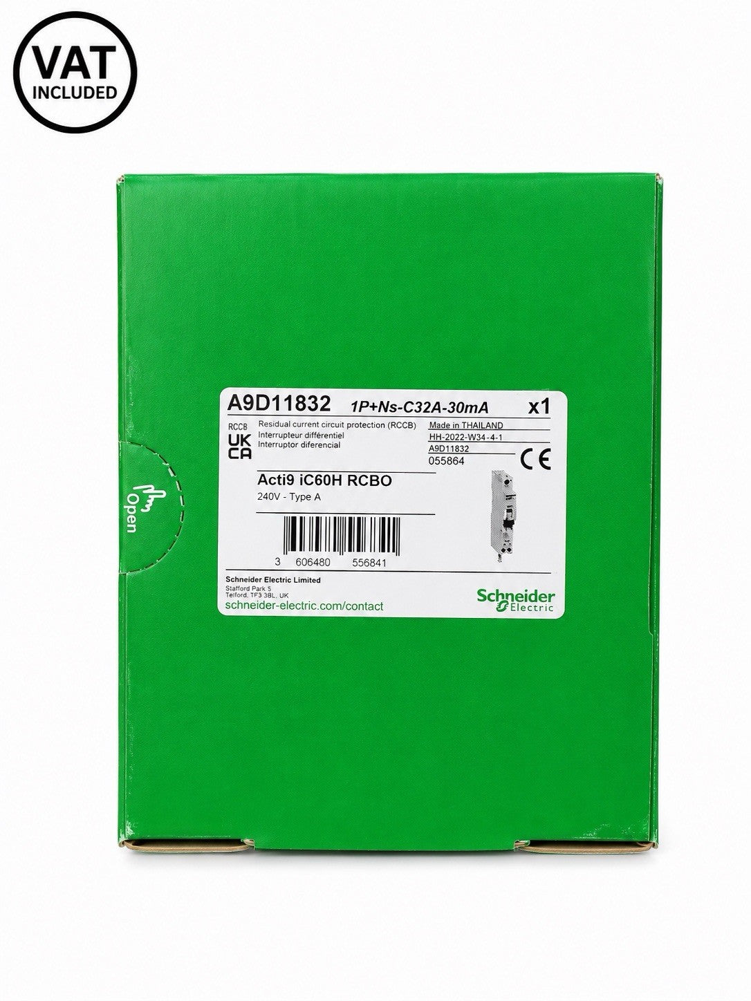Schneider Acti9 iC60H RCBO A9D11832 C32A 30mA Type A 1P+N 6kA MCB/RCD