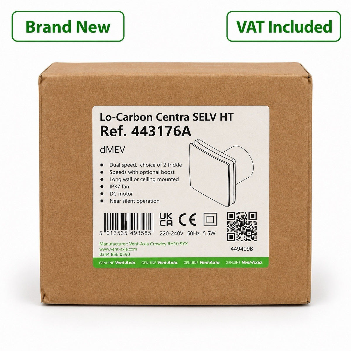 Vent-Axia 443176A Lo-Carbon Centra SELV HT Extractor Fan Brand New