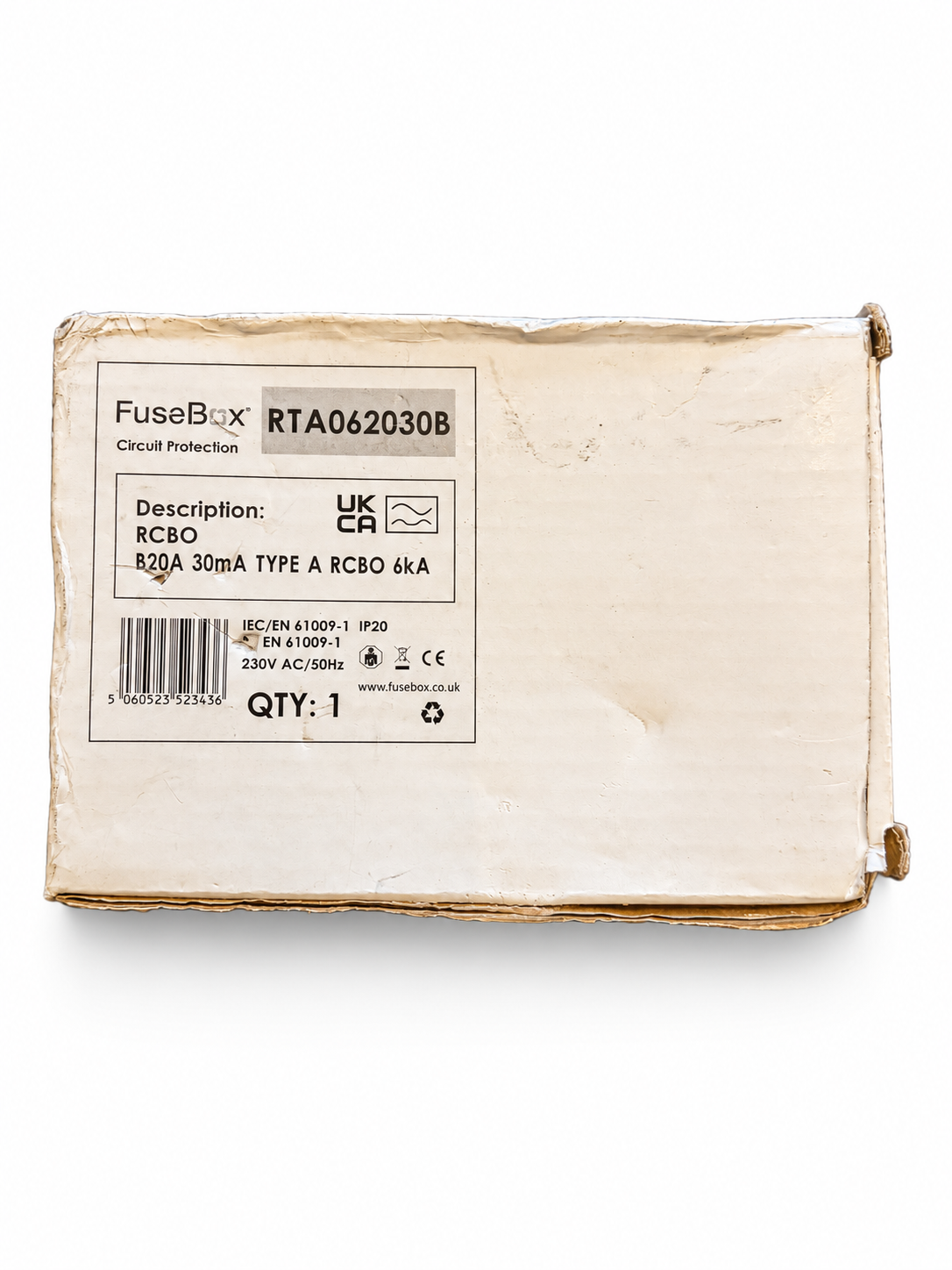 FuseBox RTA062030B B20 20A 30mA Type A RCBO 6kA New Boxed