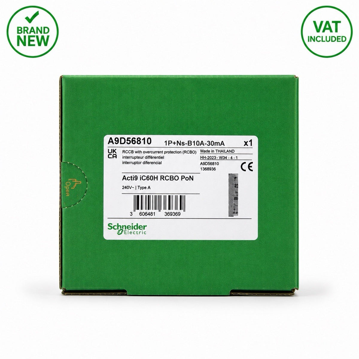 Schneider Electric A9D56810 Acti9 iC60H RCBO B10A 30mA Type A 1P+Ns