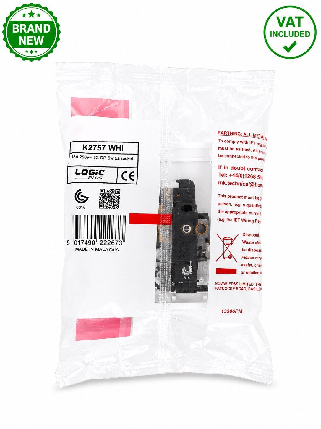 MK K2757WHI Logic Plus 13A 1 Gang DP Switched Socket White Brand New