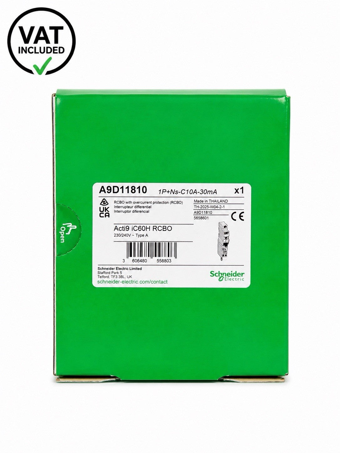 Schneider Acti9 iC60H RCBO A9D11810 C10A 10A Type A 30mA 1P+N Brand New