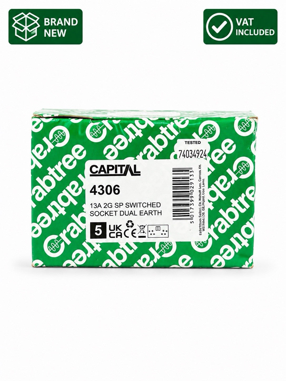 5x Crabtree Capital 4306 13A 2 Gang Switched Double Socket Dual Earth White