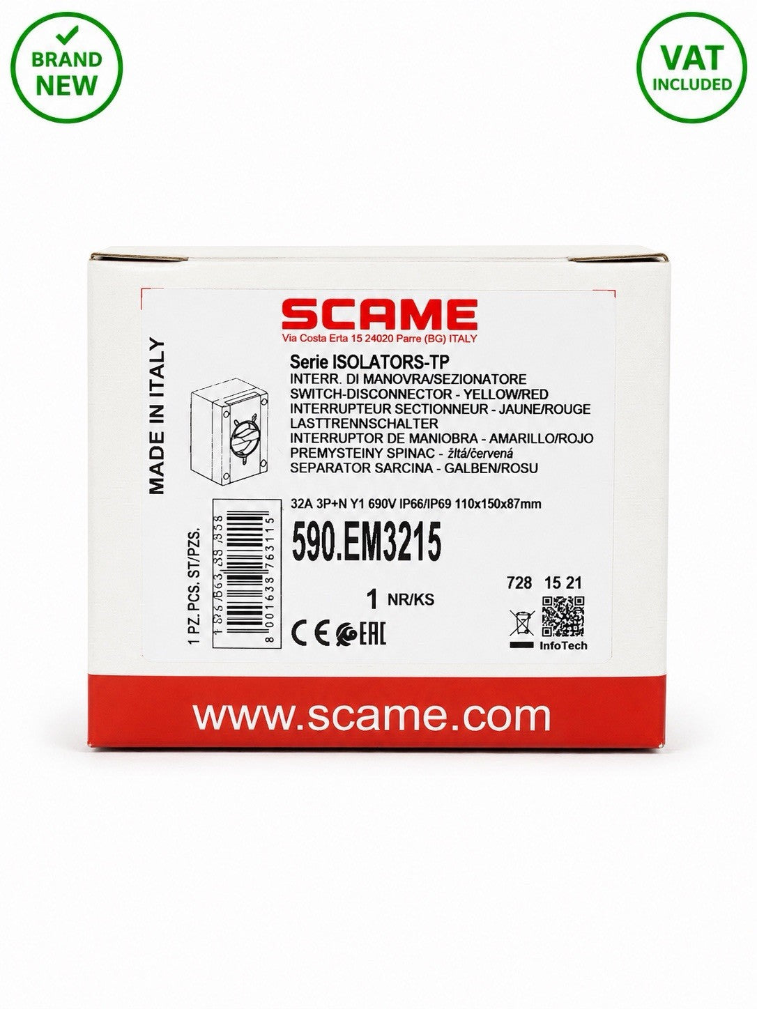SCAME 590.EM3215 32A 3P+N Rotary Isolator Switch Disconnector IP66 IP69