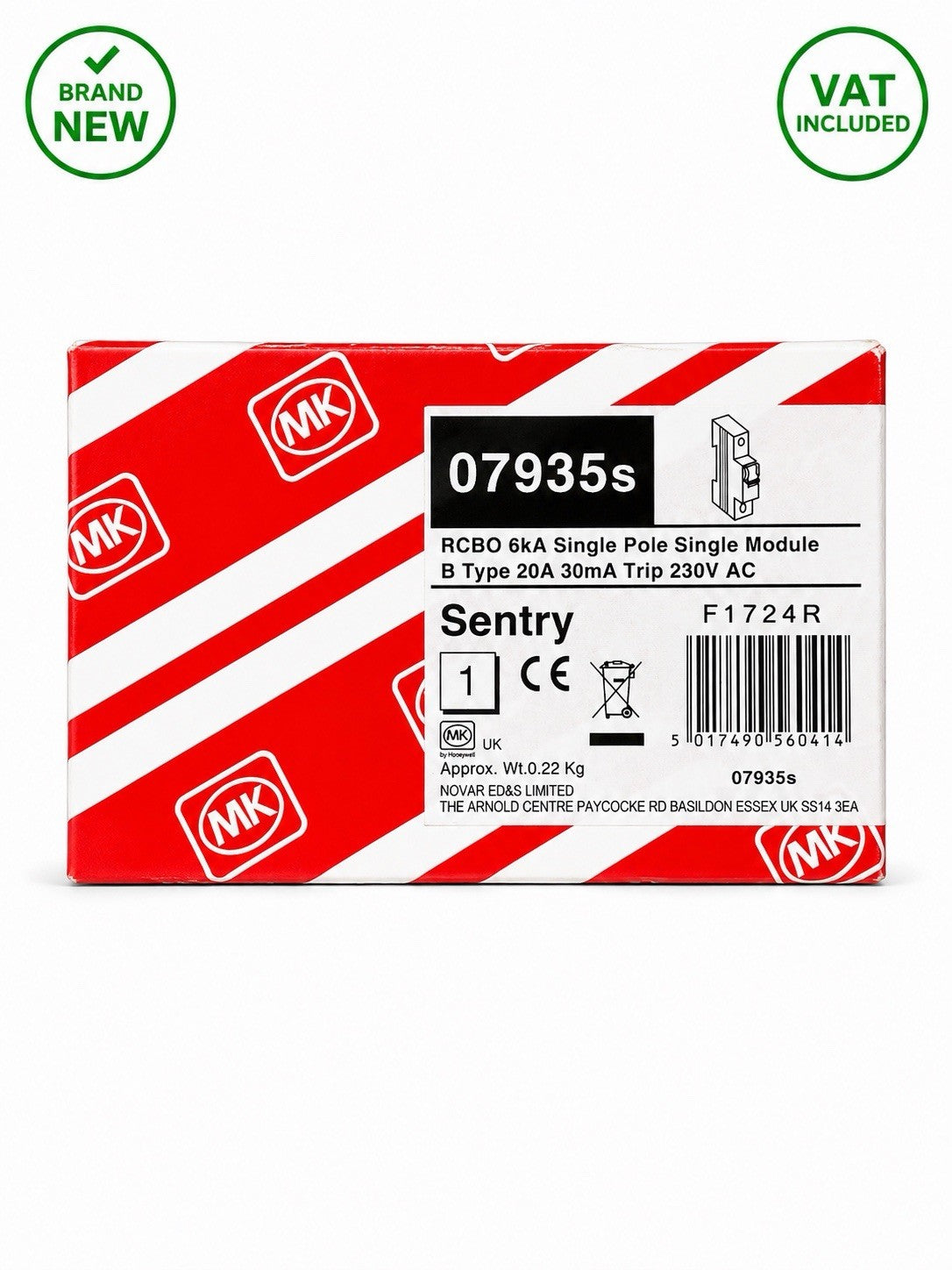 MK Sentry 07935S B20 20A 30mA Type B RCBO 6kA Single Pole Brand New
