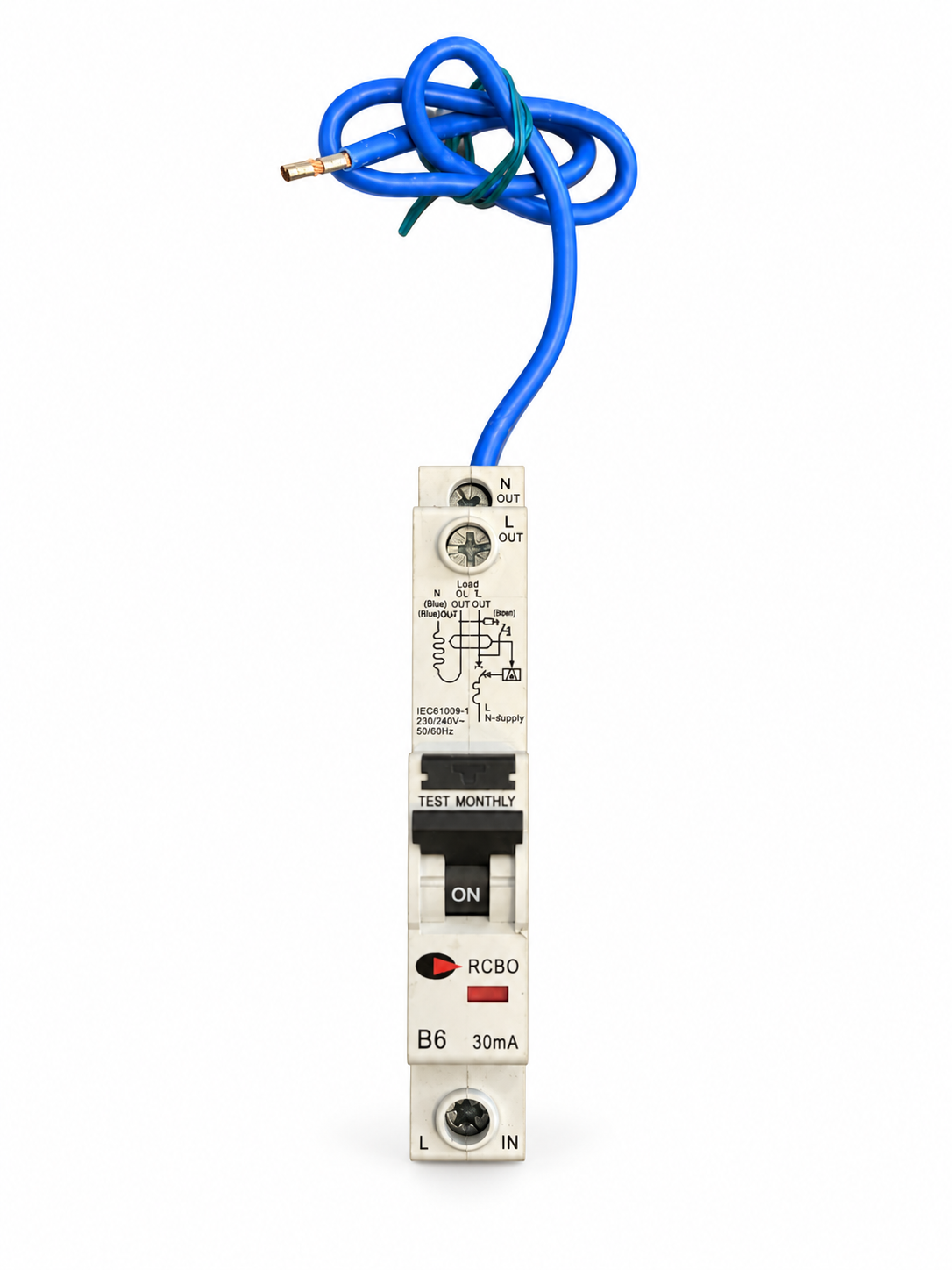 Lewden Control Gear B6 6A 30mA RCBO B Curve Circuit Breaker Blue Neutral Lead