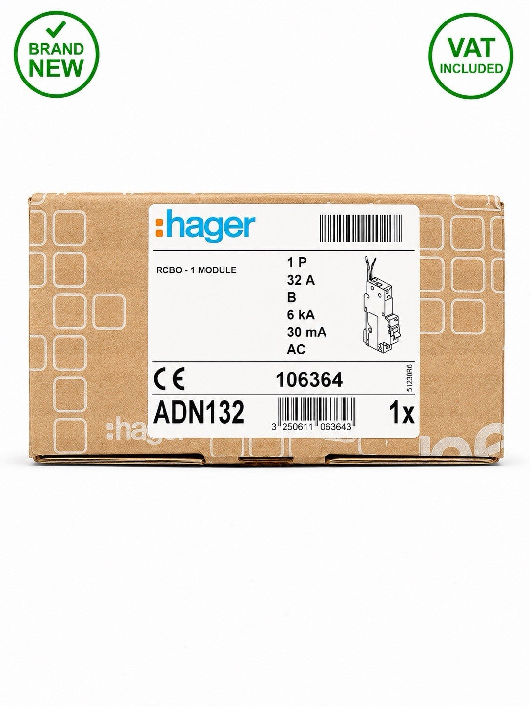 Hager ADN132 B32 32A 30mA Type AC RCBO 6kA Single Module Brand New