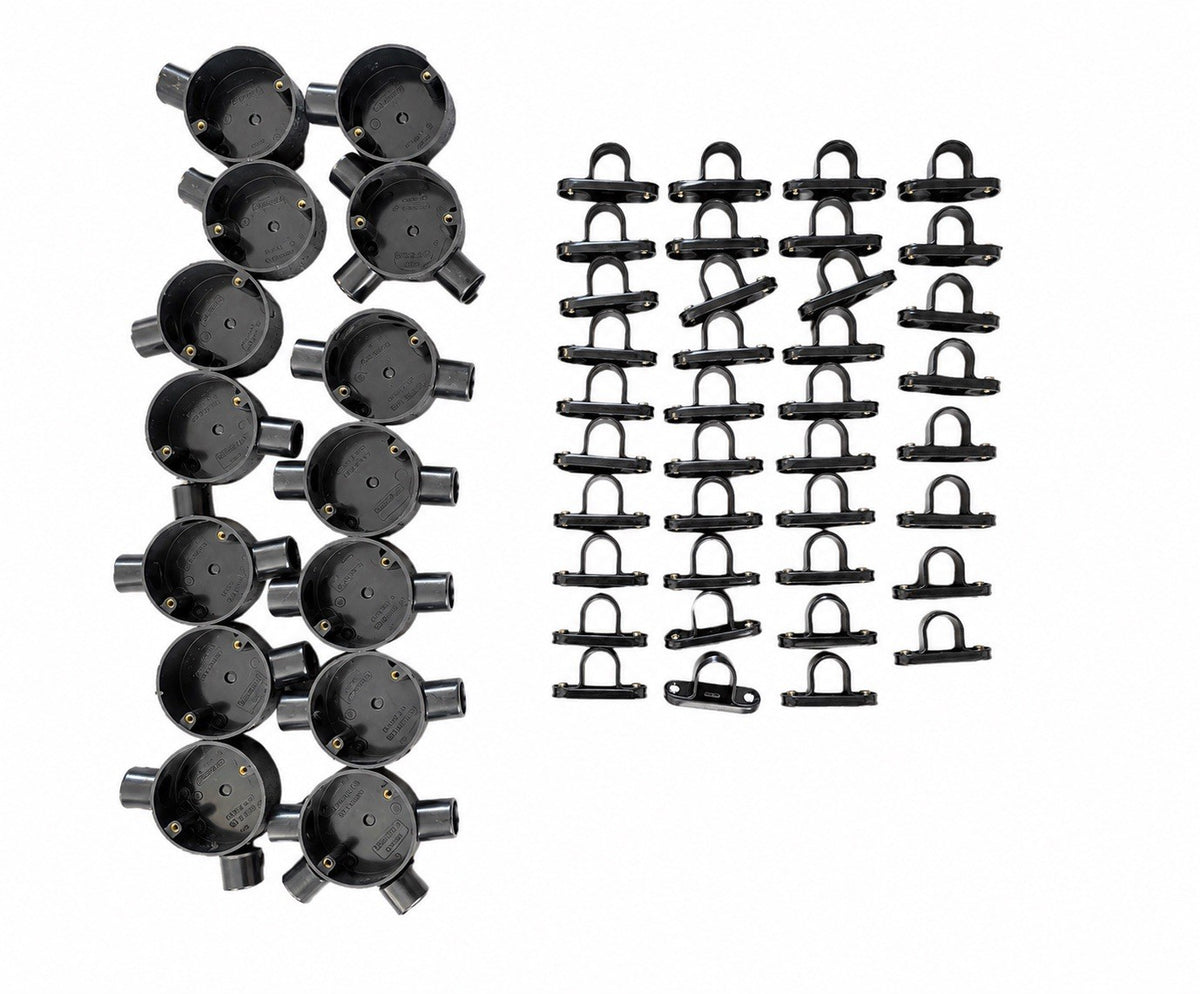 Black 20mm Conduit Boxes & Conduit Saddles Bundle PVC Electrical Accessories