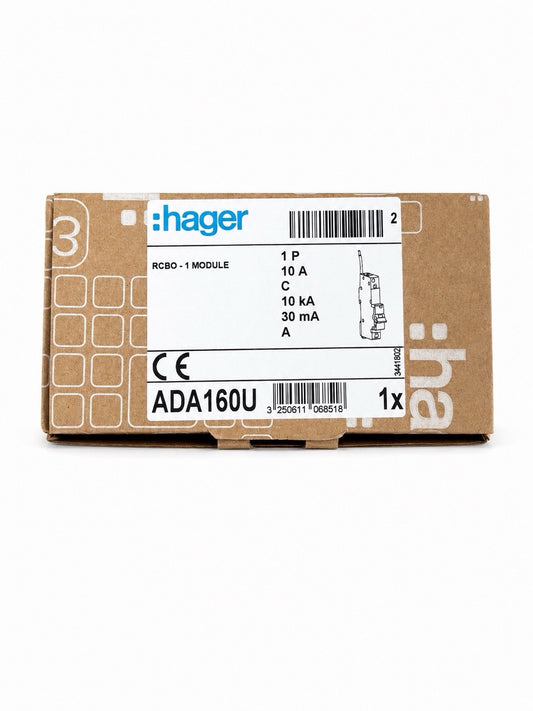 Hager ADA160U 10A Type A RCBO C Curve 30mA 10kA 1 Module Single Pole New