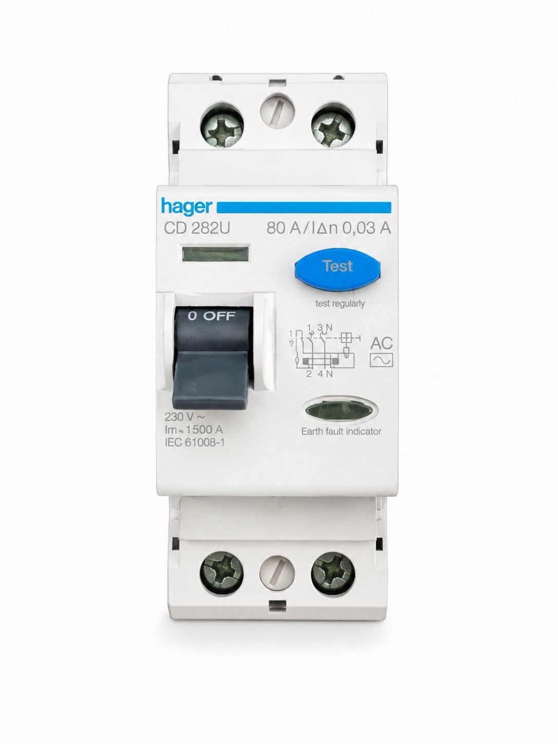 Hager CD282U 80A 30mA AC Type RCCB RCD 2 Pole Main Switch Circuit Breaker