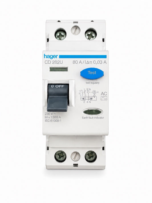 Hager CD282U 80A 30mA AC Type RCCB RCD 2 Pole Main Switch Circuit Breaker