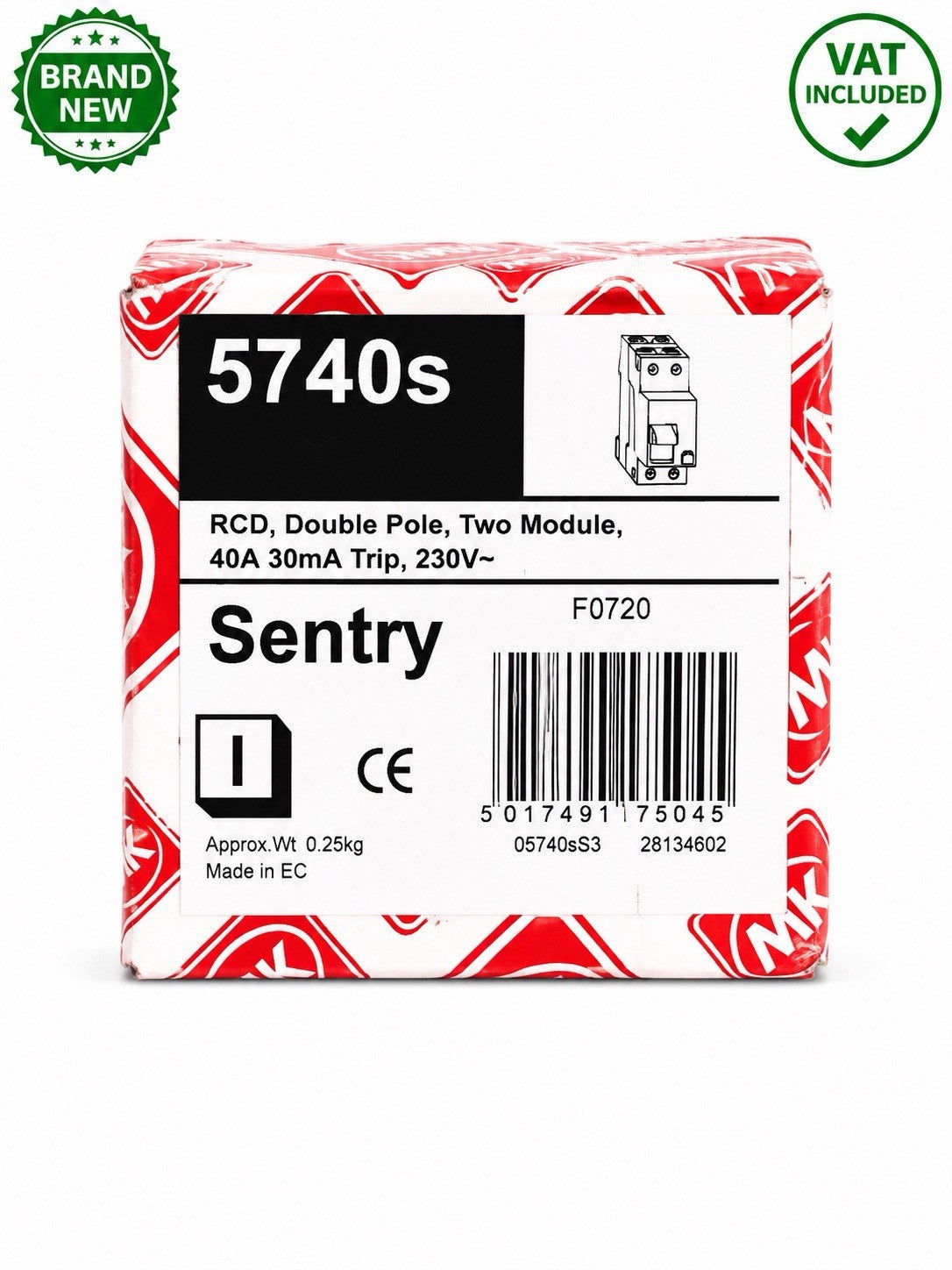 MK Sentry 5740S 40A 30mA RCD Double Pole 2 Module 230V Brand New