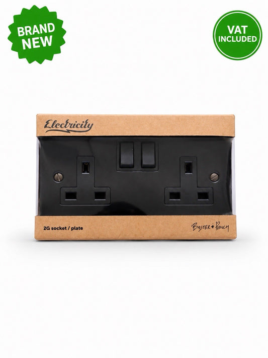 Buster + Punch Electricity 2 Gang Double Switched Socket Black 13A Brand New