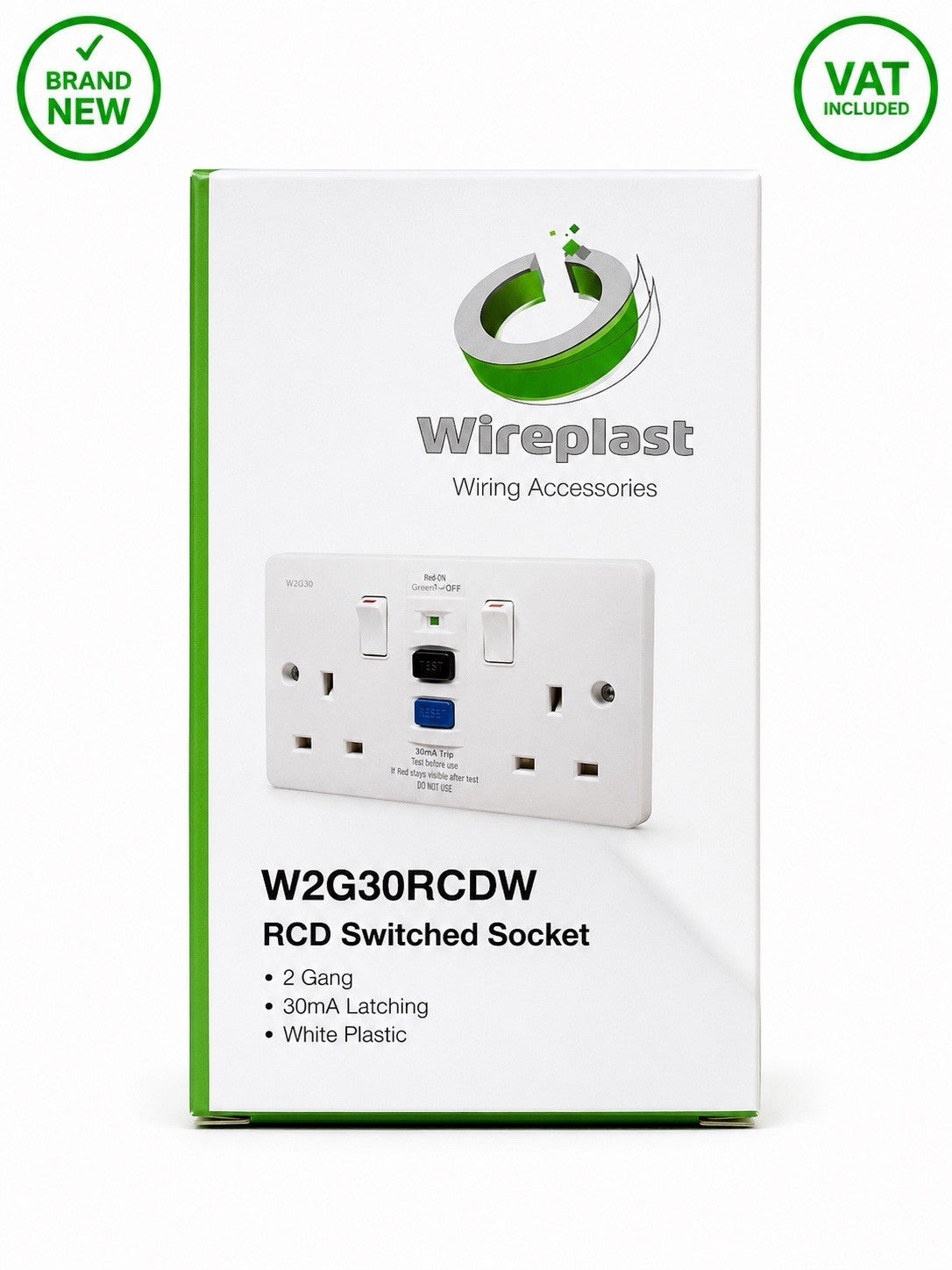 Wireplast W2G30RCDW 2 Gang 13A RCD Switched Socket 30mA Latching White
