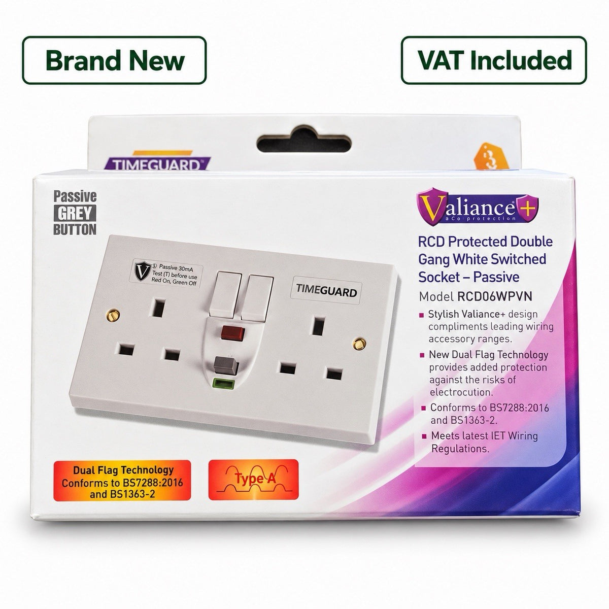 Timeguard RCD06WPVN Type A RCD Double Switched Socket White Passive Brand New