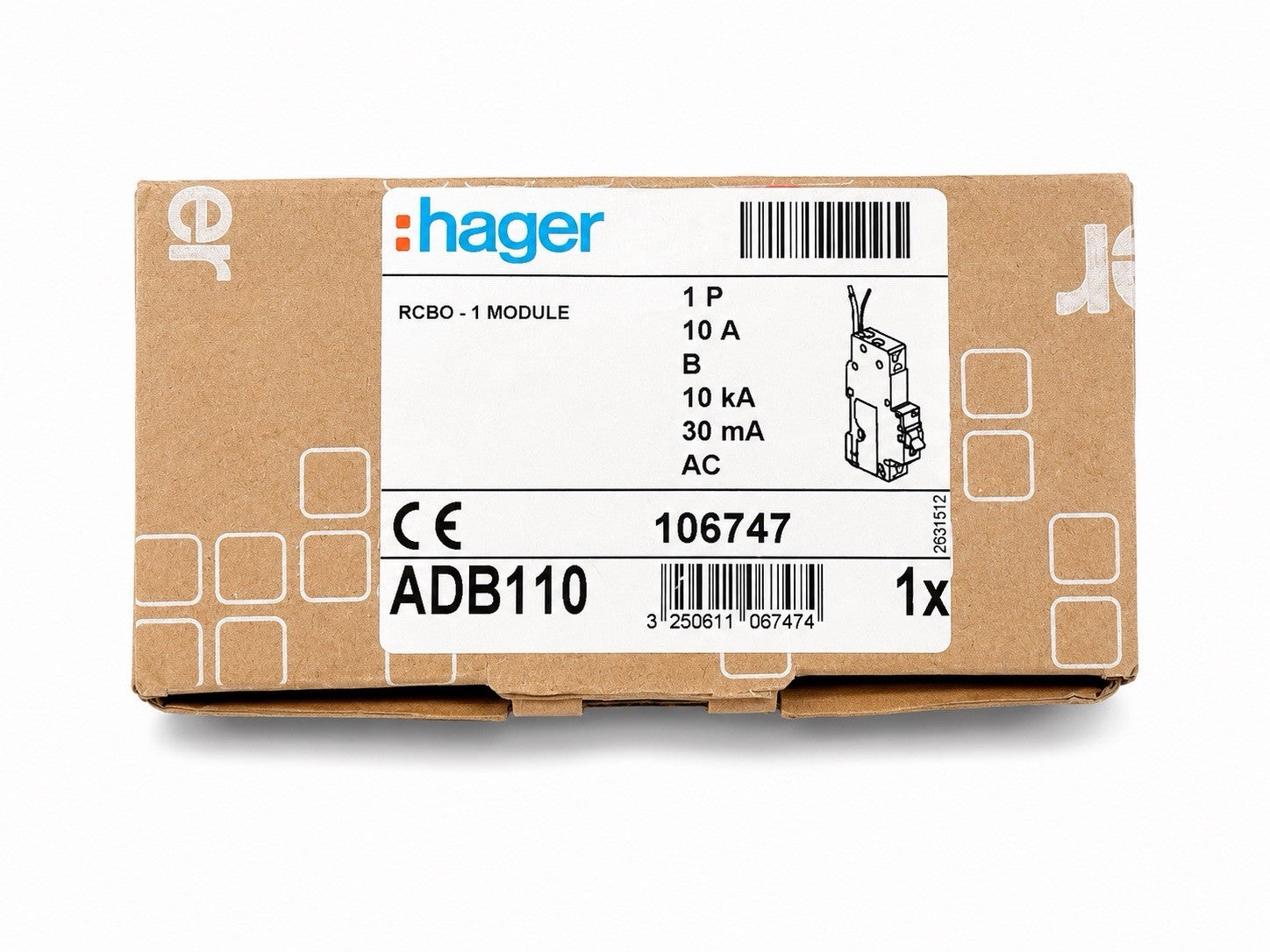 HAGER 10 AMP CURVE B 10kA 30mA RCBO TYPE AC 106747 ADB110