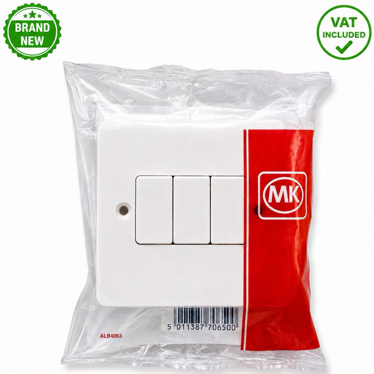 MK Logic Plus K4873WHI 10A 3 Gang 2 Way White Plate Light Switch Brand New