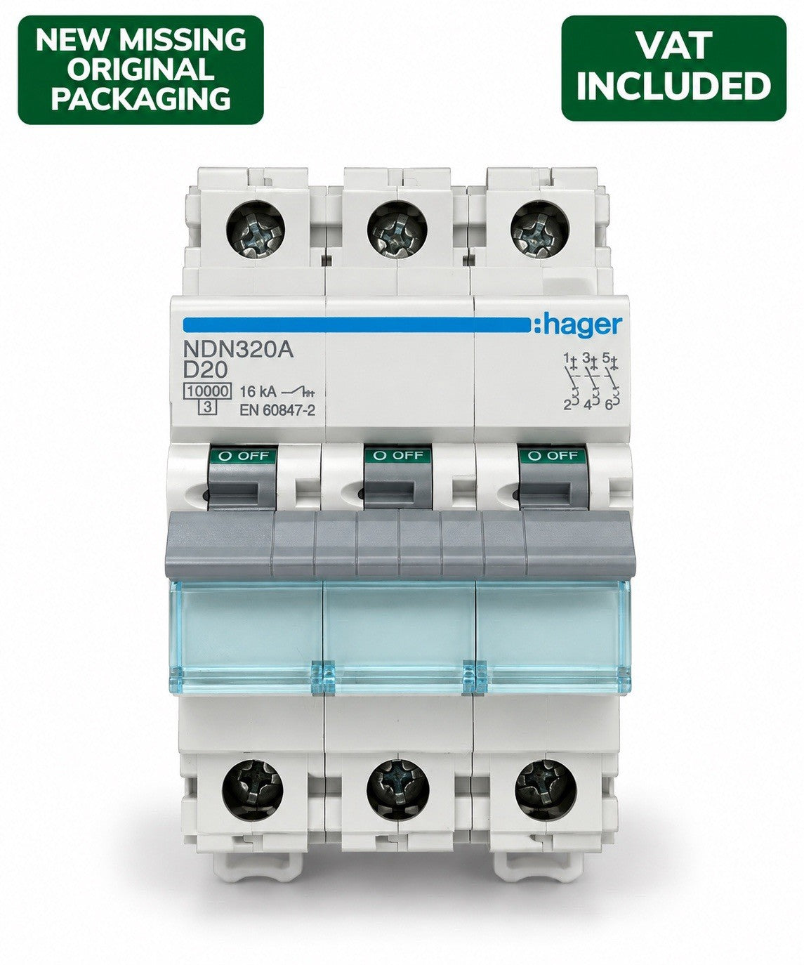 Hager NDN320A D20 20A Type D 10kA 3 Pole MCB Three Phase Circuit Breaker