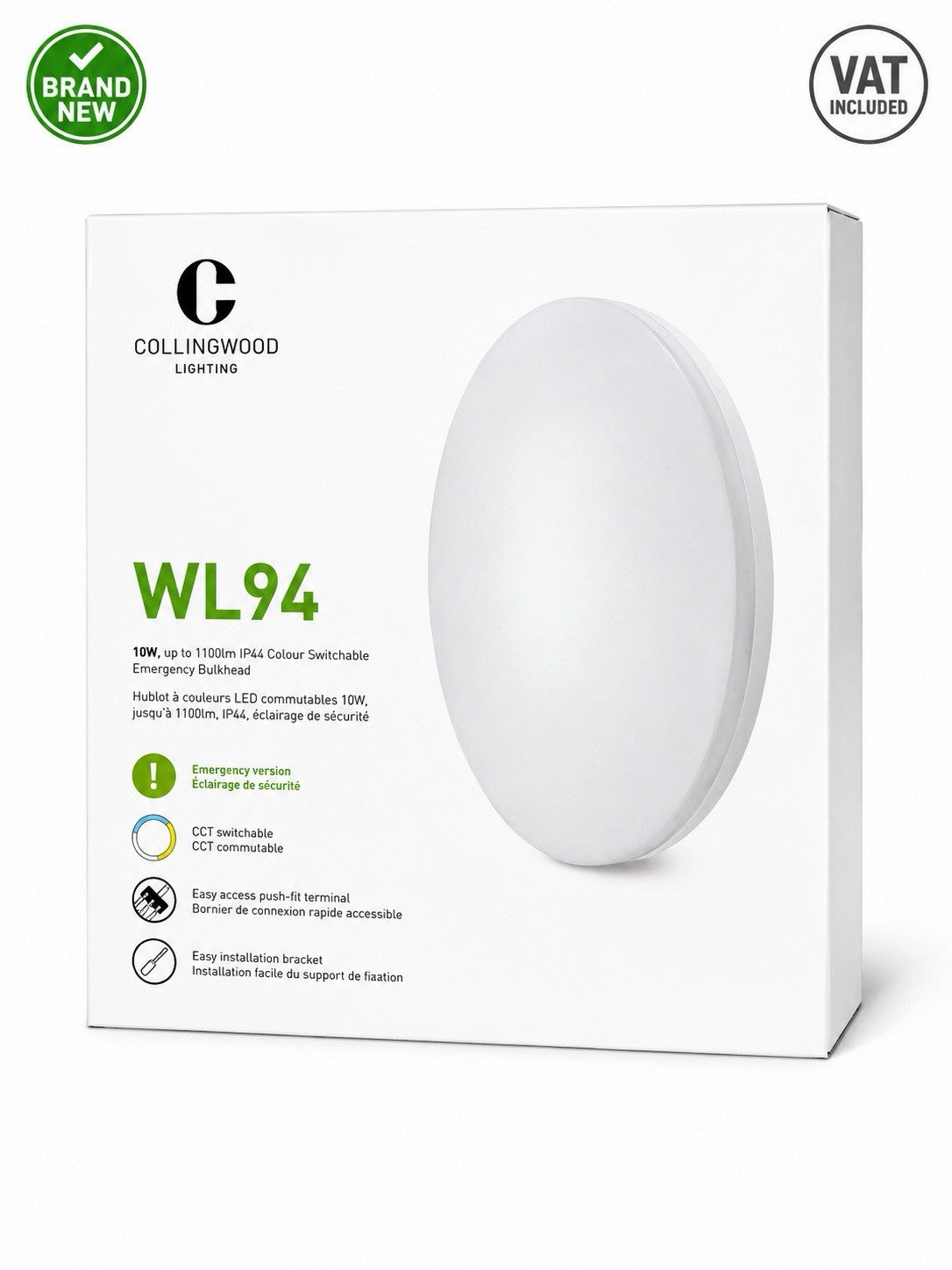 Collingwood WL94 10W LED Emergency Bulkhead Light IP44 CCT Switchable 1100lm