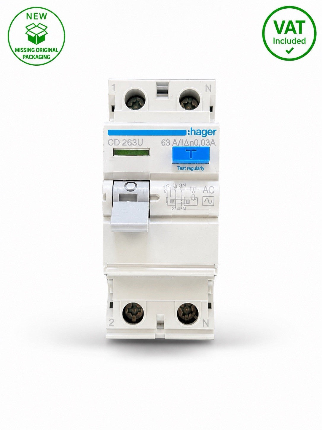 Hager CD263U 63A 30mA 2 Pole Type AC RCD RCCB Circuit Breaker New Other