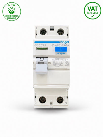 Hager CD263U 63A 30mA 2 Pole Type AC RCD RCCB Circuit Breaker New Other