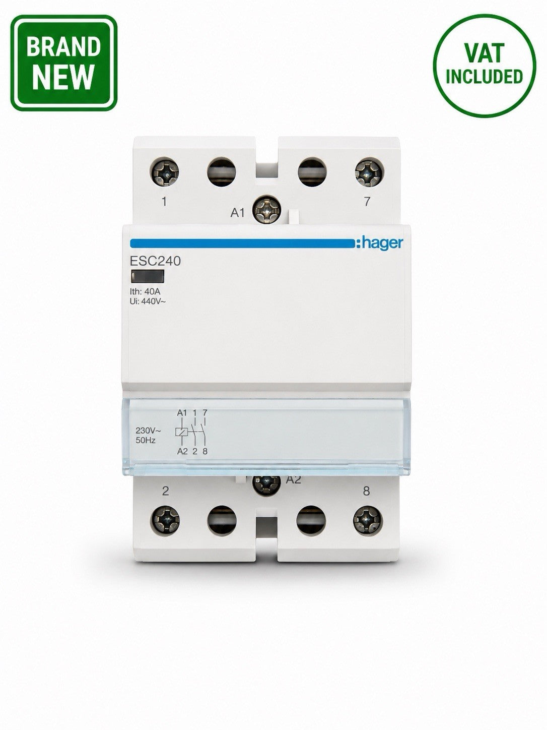 Hager ESC240 40A 2 Pole Contactor 230V Coil 2NO New