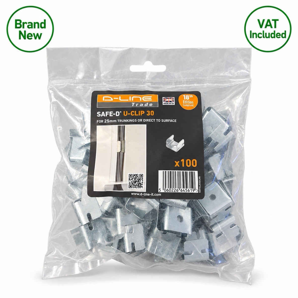 D-Line Safe-D U-Clip 30 Metal Cable Clips 25mm Trunking Pack of 100 New