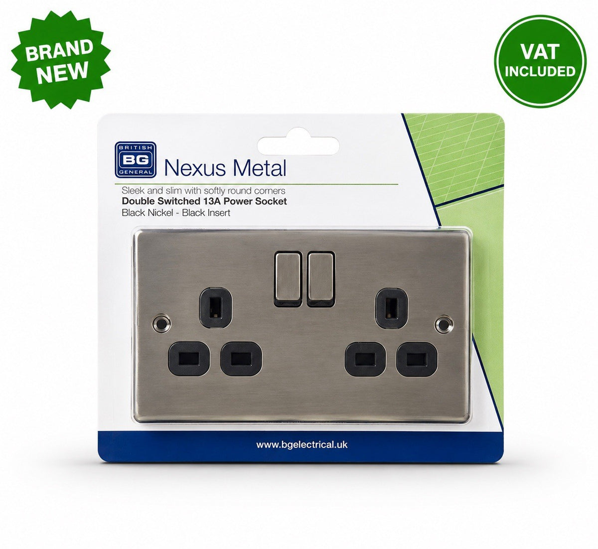 BG Nexus Metal Double Switched 13A Socket Black Nickel Black Insert Brand New