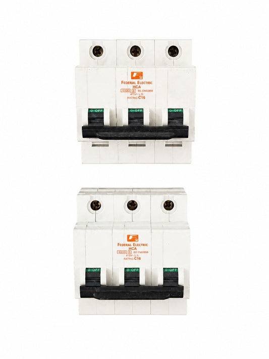 2x Federal Electric HCA C16 16A Triple Pole 3 Pole MCB Circuit Breaker 415V