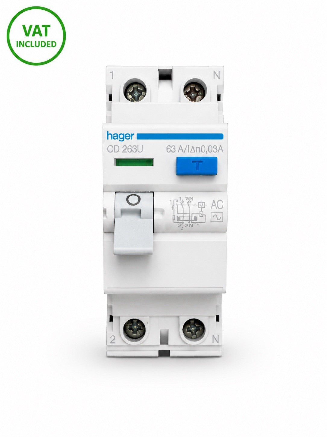 Hager CD263U 63A 30mA 2 Pole Type AC RCD RCCB Circuit Breaker Used