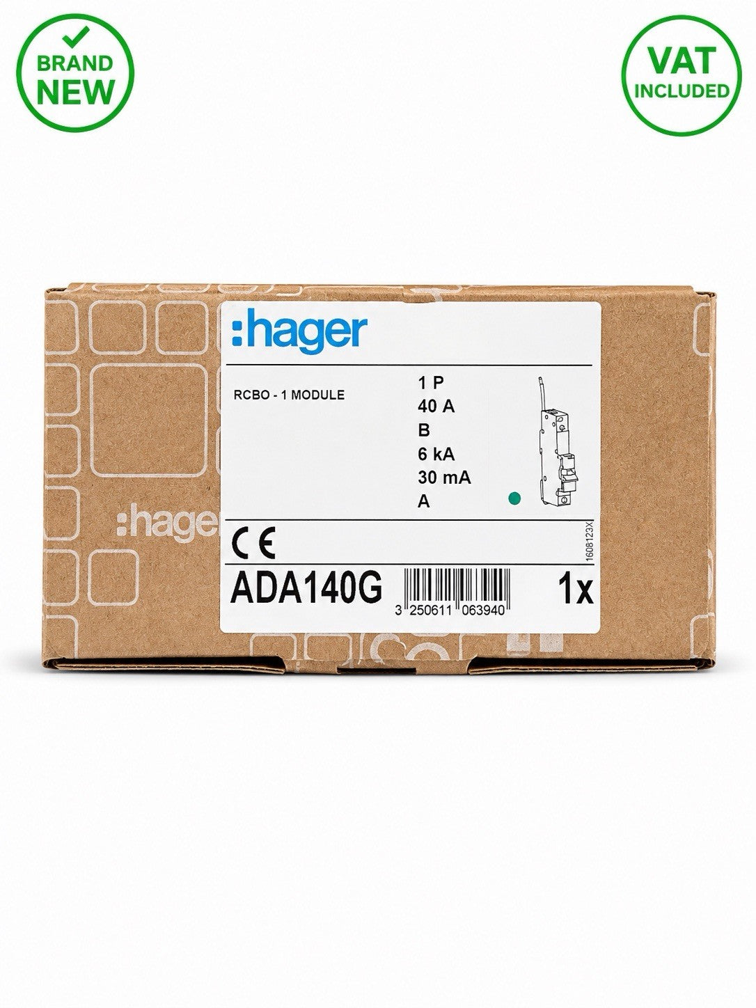 Hager ADA140G B40 40A 30mA Type A RCBO 6kA Single Module Brand New