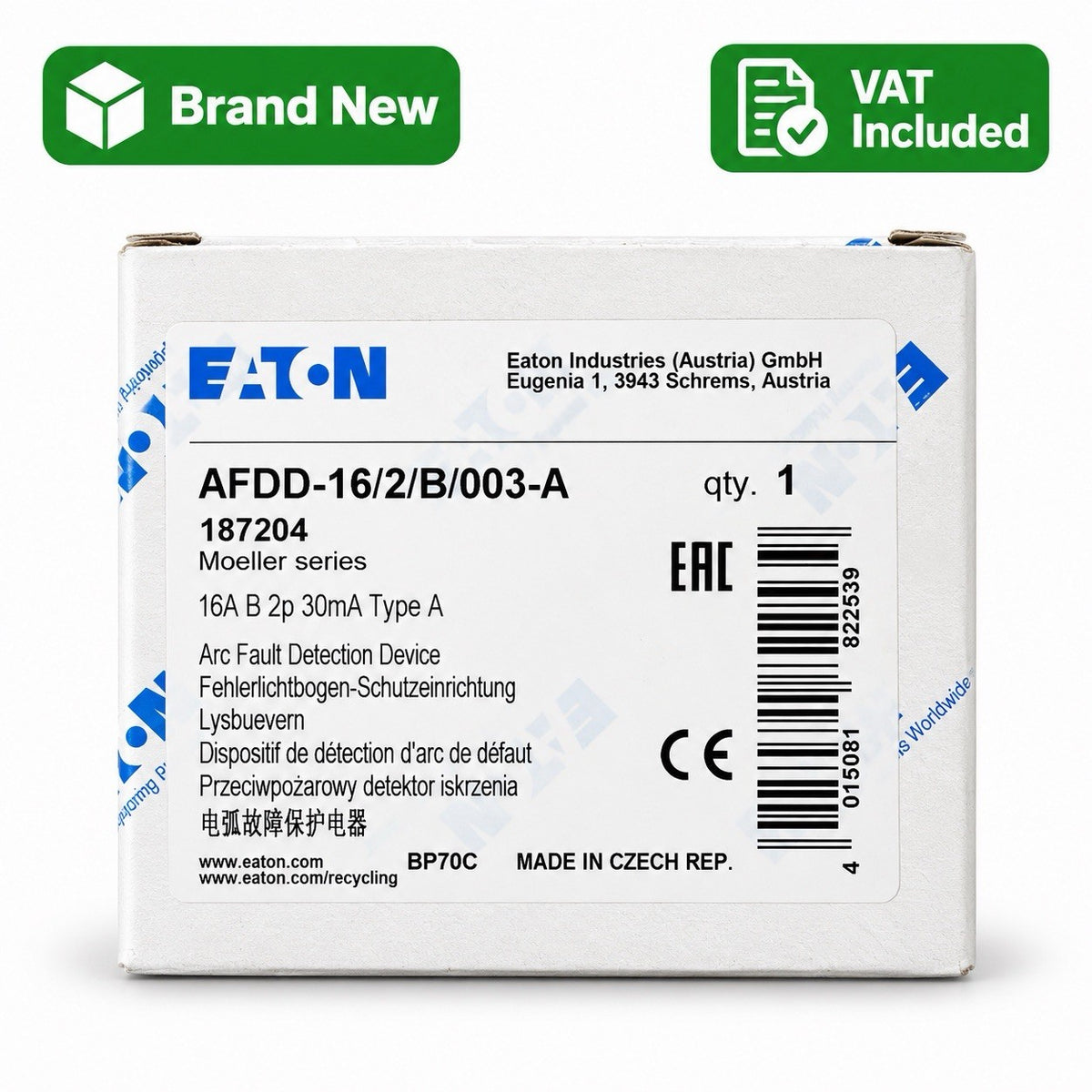 Eaton 187204 AFDD RCBO 16A B Curve 30mA Type A 2 Pole Brand New Boxed