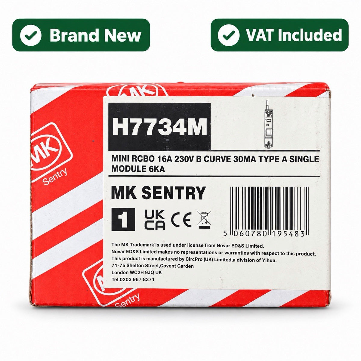 MK Sentry H7734M 16A Mini RCBO Type A B Curve 30mA 6kA Brand New VAT Included