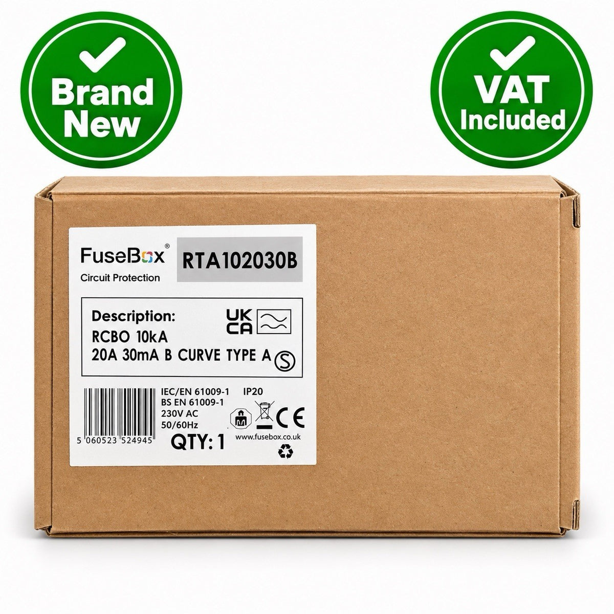 FuseBox RTA102030B 20A B Curve Type A RCBO 30mA 10kA Brand New
