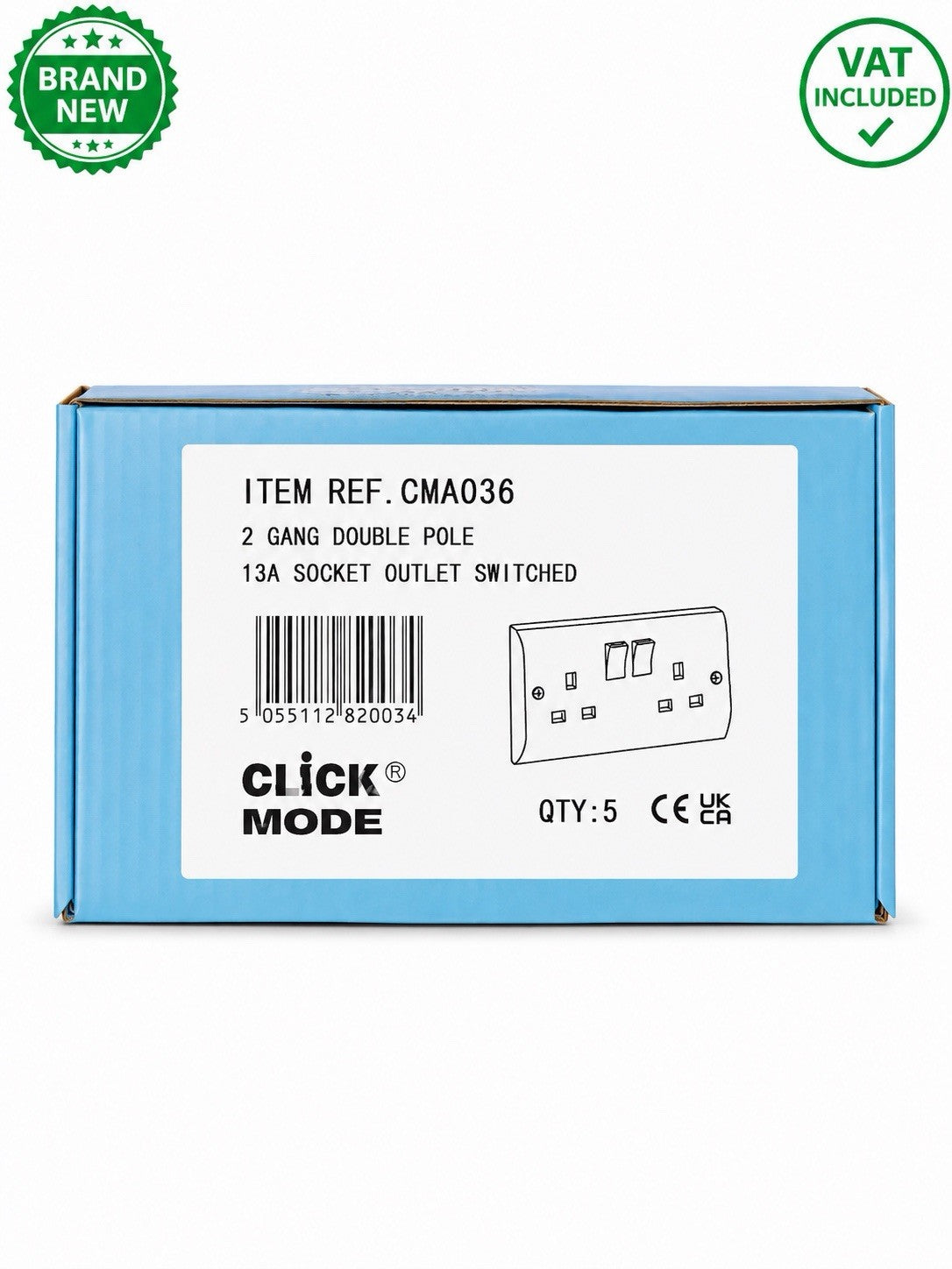 5x Click Mode CMA036 13A 2 Gang Double Pole Switched Socket Outlet White