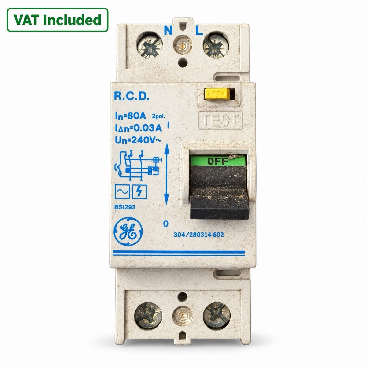 GE General Electric 80A 30mA Type AC Double Pole RCD 240V Used