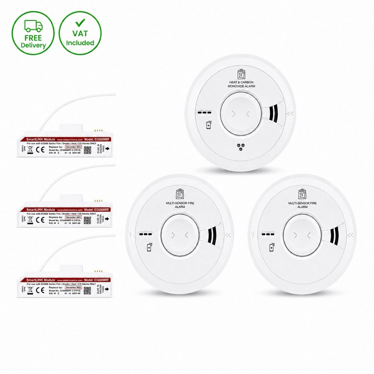 2x Ei3024 Multi-Sensor Fire Alarms + Ei3028 Heat/CO Alarm + 3x Ei3000MRF 2033