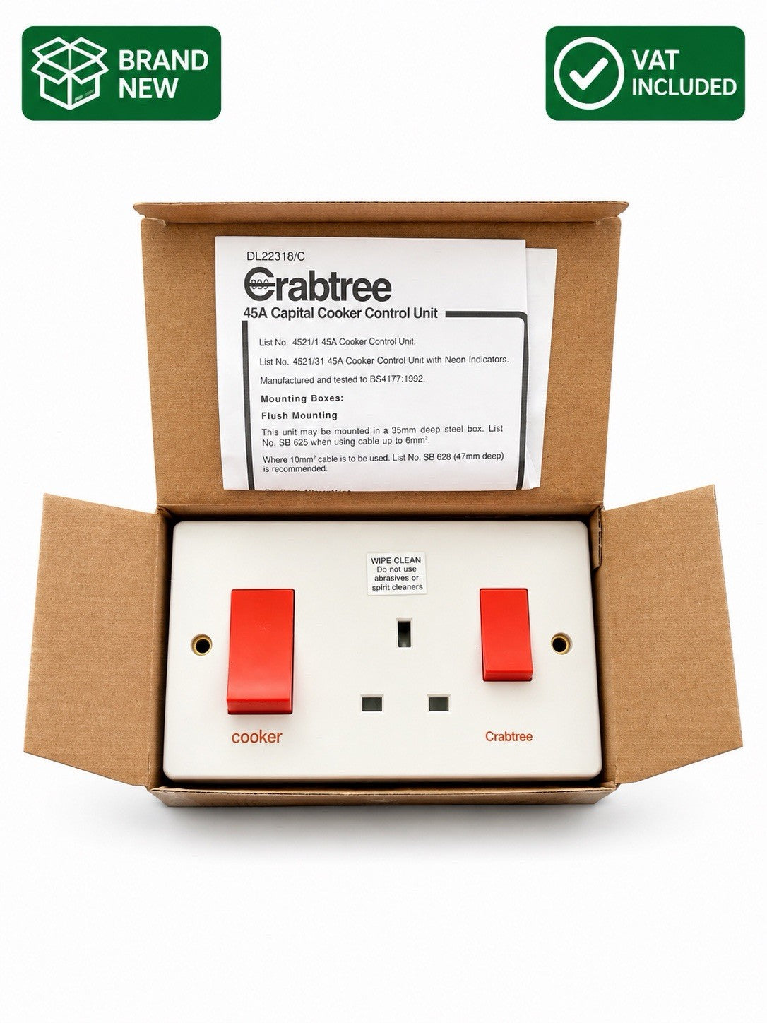 Crabtree Capital 4521/1 45A DP Slimline Cooker Control Unit With Socket Vat Inc