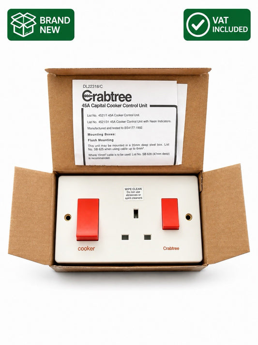 Crabtree Capital 4521/1 45A DP Slimline Cooker Control Unit With Socket Vat Inc